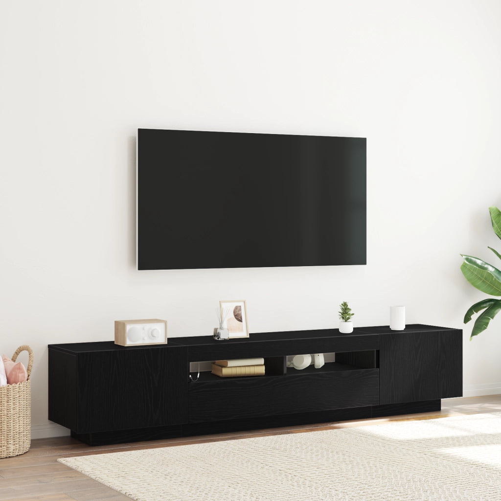 Mobile TV  con luci LED, nero Rovere, 200x35x40 cm, in legno ingegnerizzato