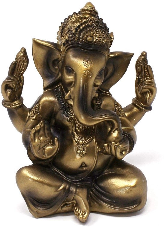 Figura decorativa Ganesha a quattro braccia 11 cm, polistone antico oro, statua seduta del dio Ganesh, dio elefante indiano Asiatico.