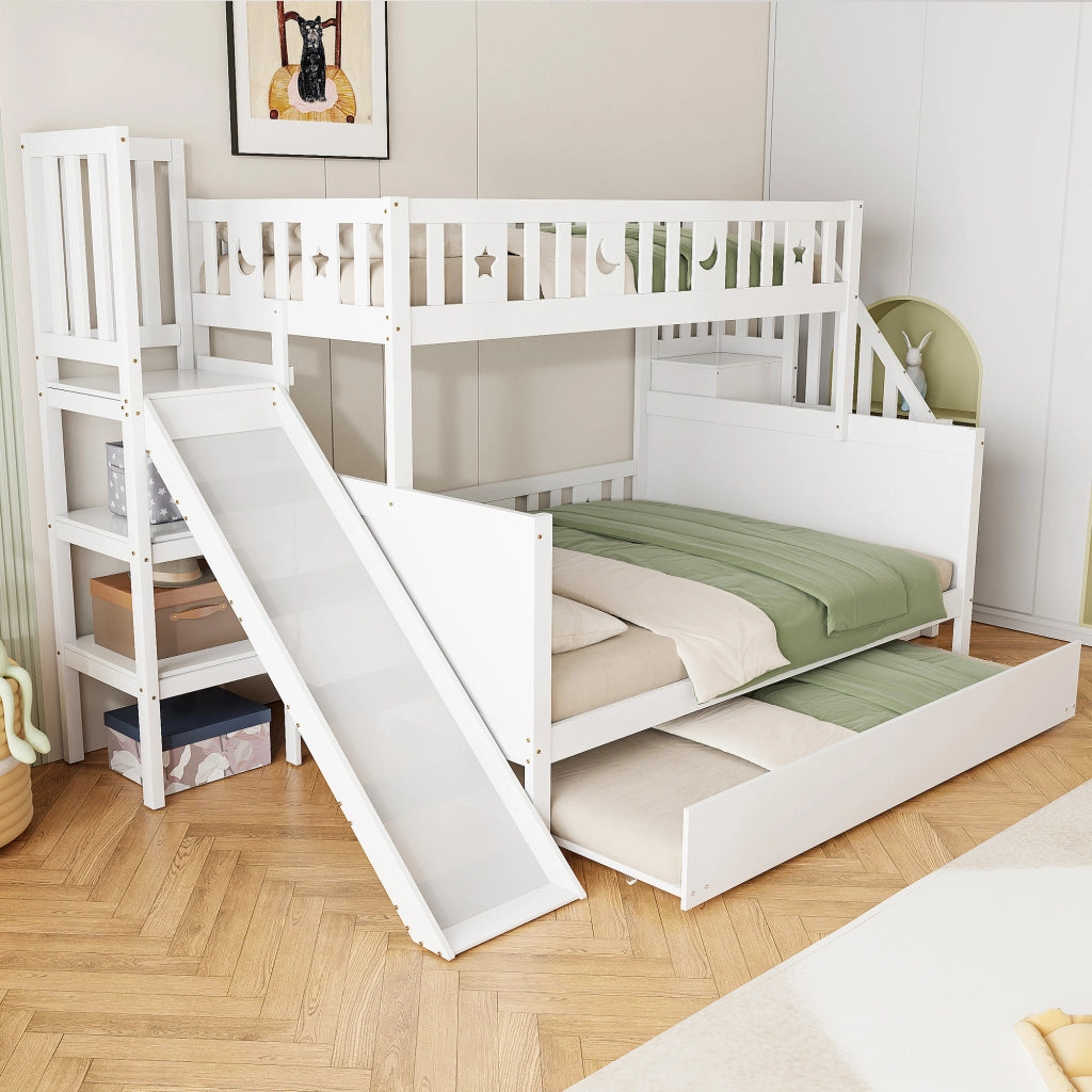 OKWISH Letto a Castello 90×200 cm e 140×200 cm, Letto 3 Posti con Contenitori, Letto Estraibile, Scala e Scivolo, senza Materasso, Bianco