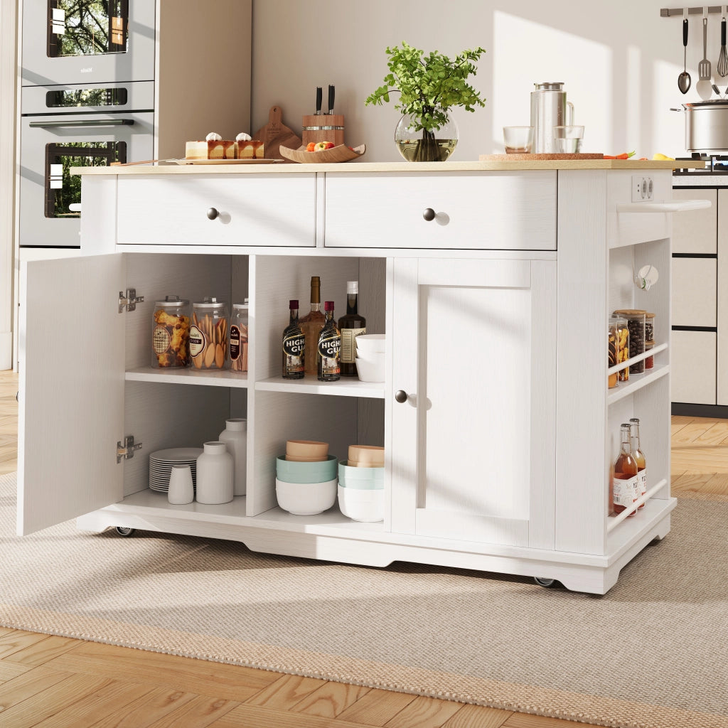 Carrello da Cucina con 2 Cassetti e 6 Vani; Prese Integrate e Piano Ribaltabile; in MDF e Metallo; Bianco Naturale
