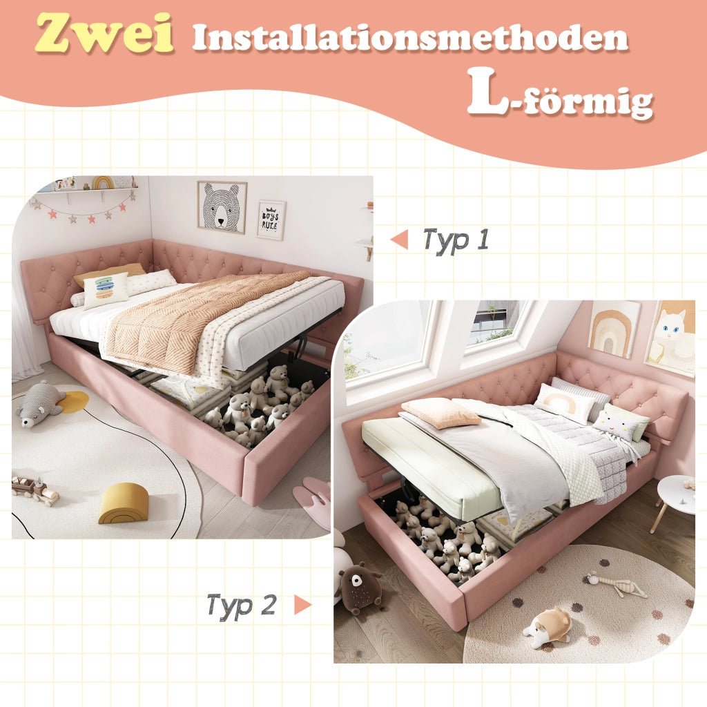 LETTO con contenitore 90x200 cm in velluto rosa