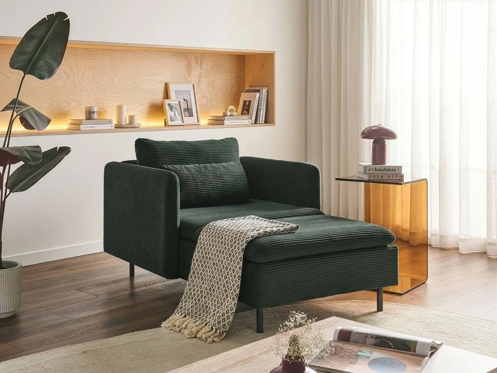 Chaise longue in velluto a coste verde scuro, imbottita con cuscini, design moderno