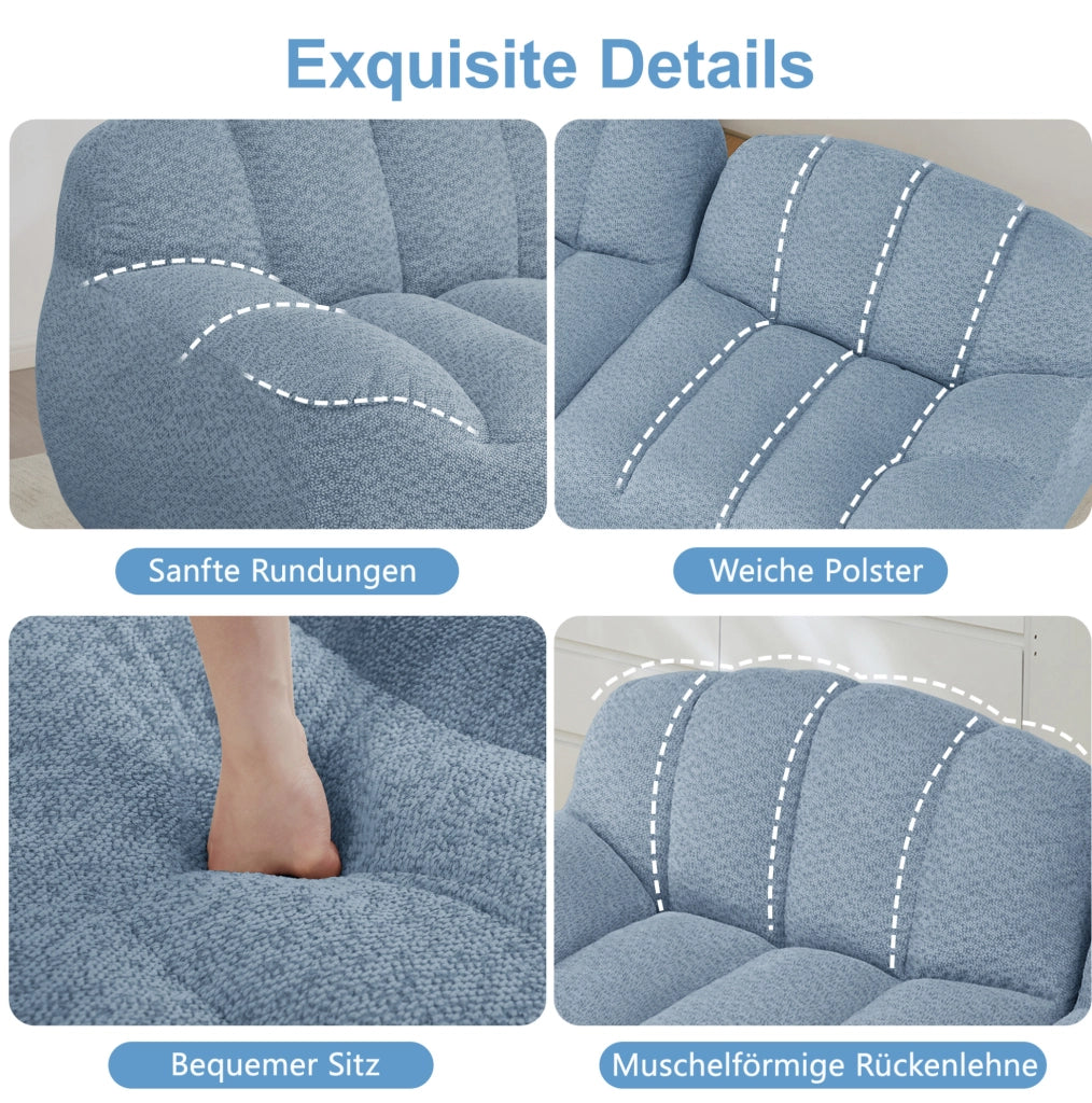 Divano modulare ad angolo in fleece granulare blu; design senza struttura e seduta ampia