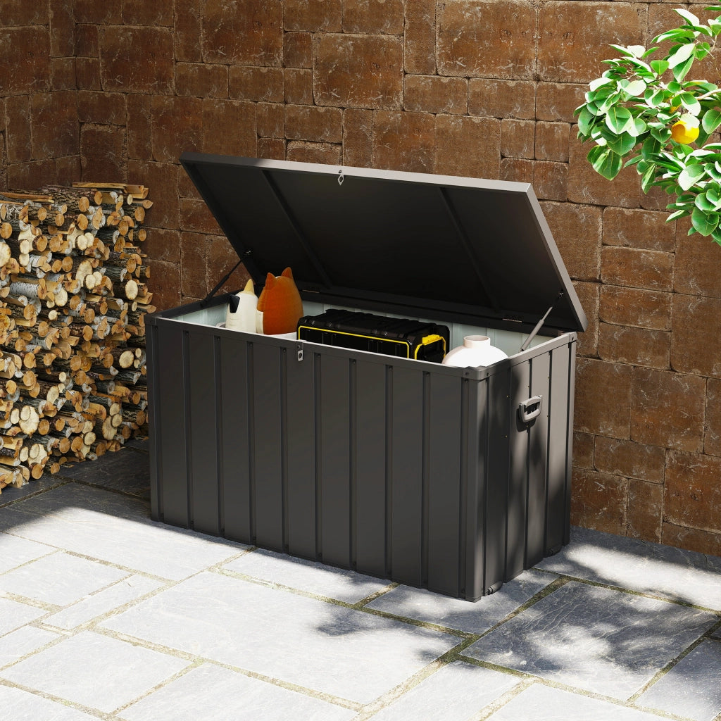 Coffre da giardino in metallo 450L con cerniere a gas e ruote ¨C zephmum ¨C 125,5x61,5x70 cm