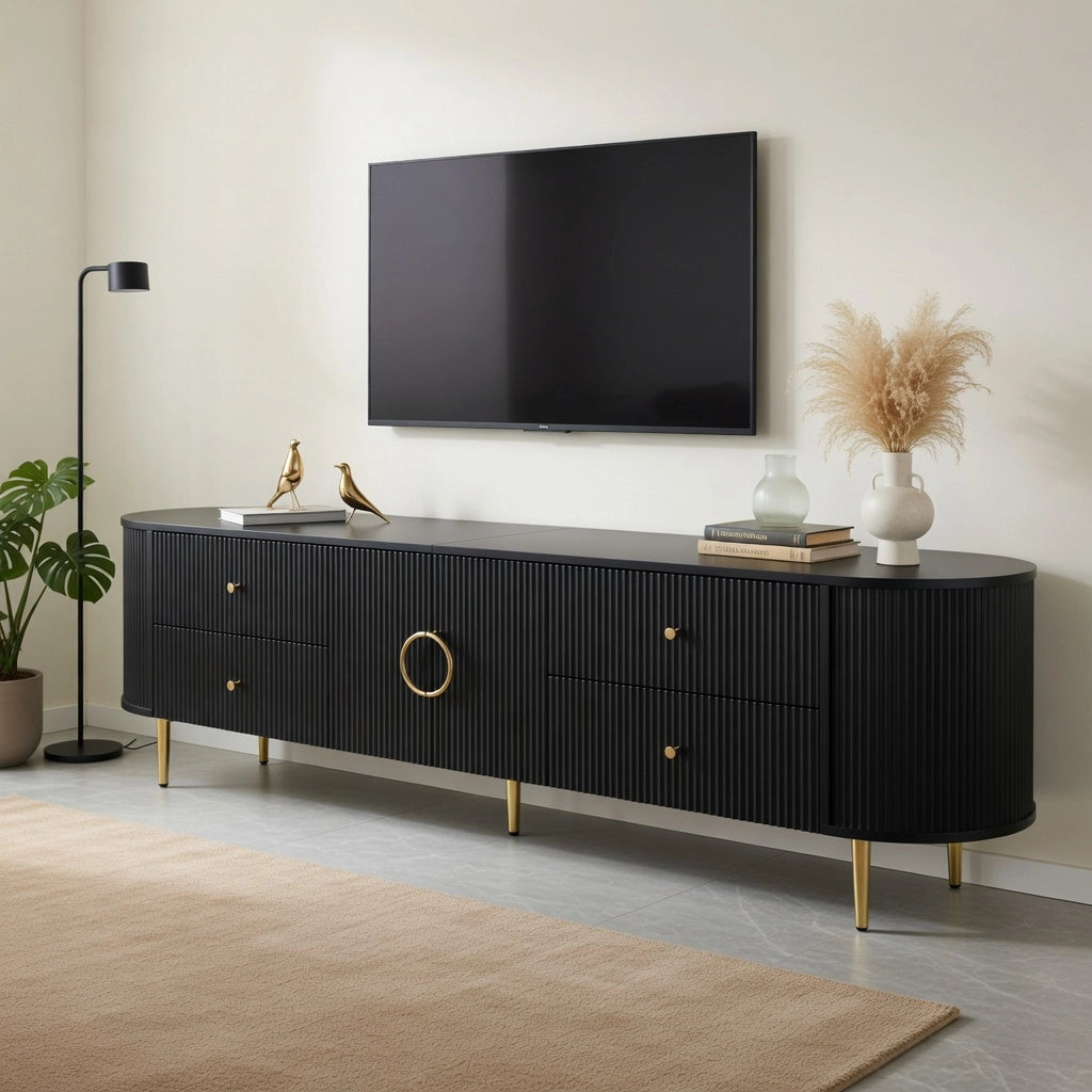 Cassettiera TV nera in MDF; lunghezza 180 cm