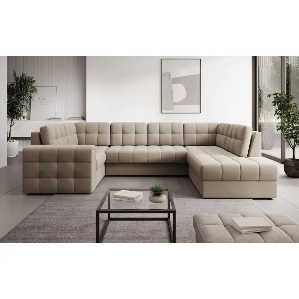Divano ad angolo trasformabile MONTEZA beige 299 cm con vano contenitore e letto
