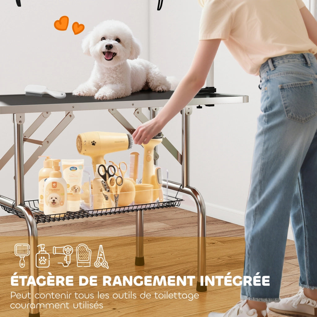 Tavolo da toelettatura per cani pieghevole con braccio a H regolabile in acciaio inox ¨C Xylo ¨C 107x60x164cm nero