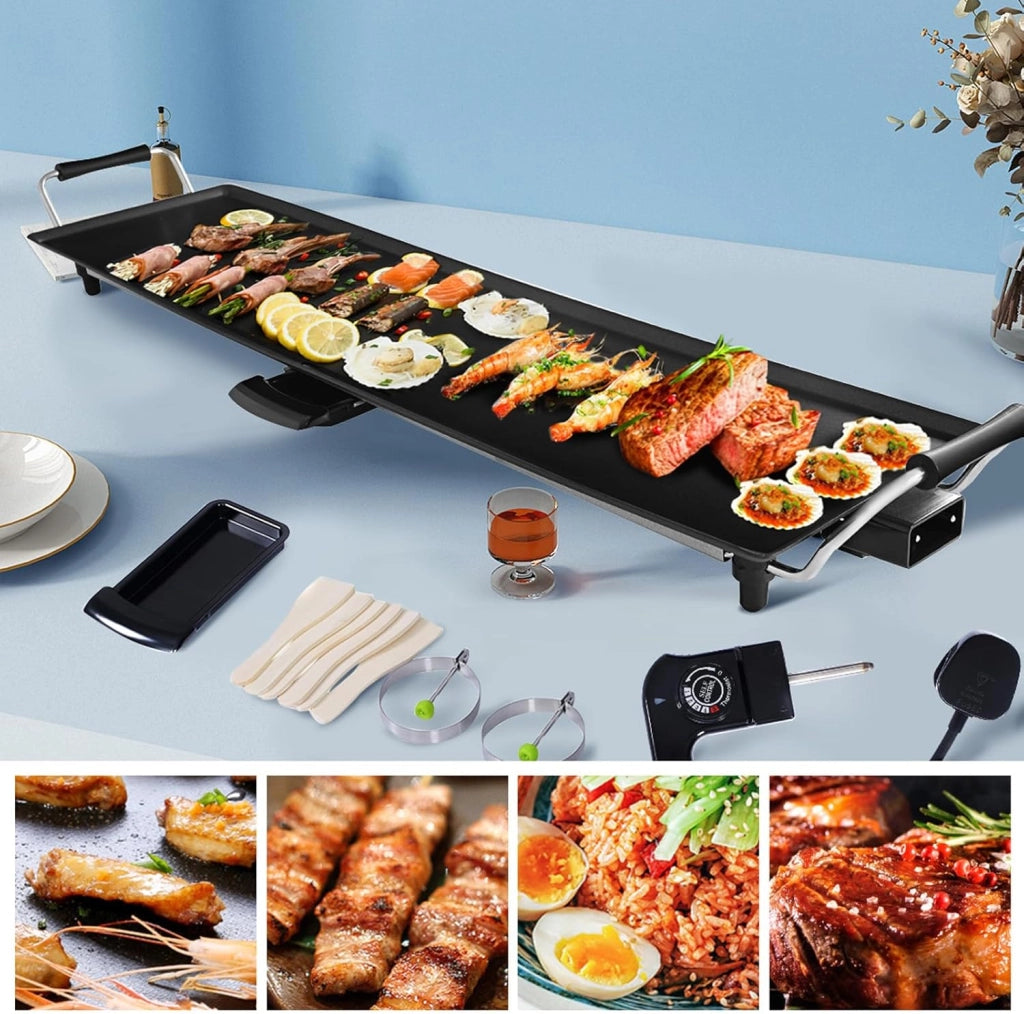 1800W Piastra Elettrica, Barbecue Elettrico con Temperatura Regolabile, Termostati e Vassoio di Sgocciolamento, Griglia Antiaderente (90 x 23 cm)
