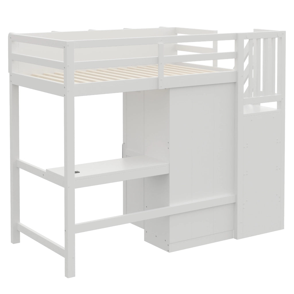 Letto a soppalco 90×200 cm con scrivania; armadio; scaffali e scala contenitore; LED e prese; senza materasso; legno bianco