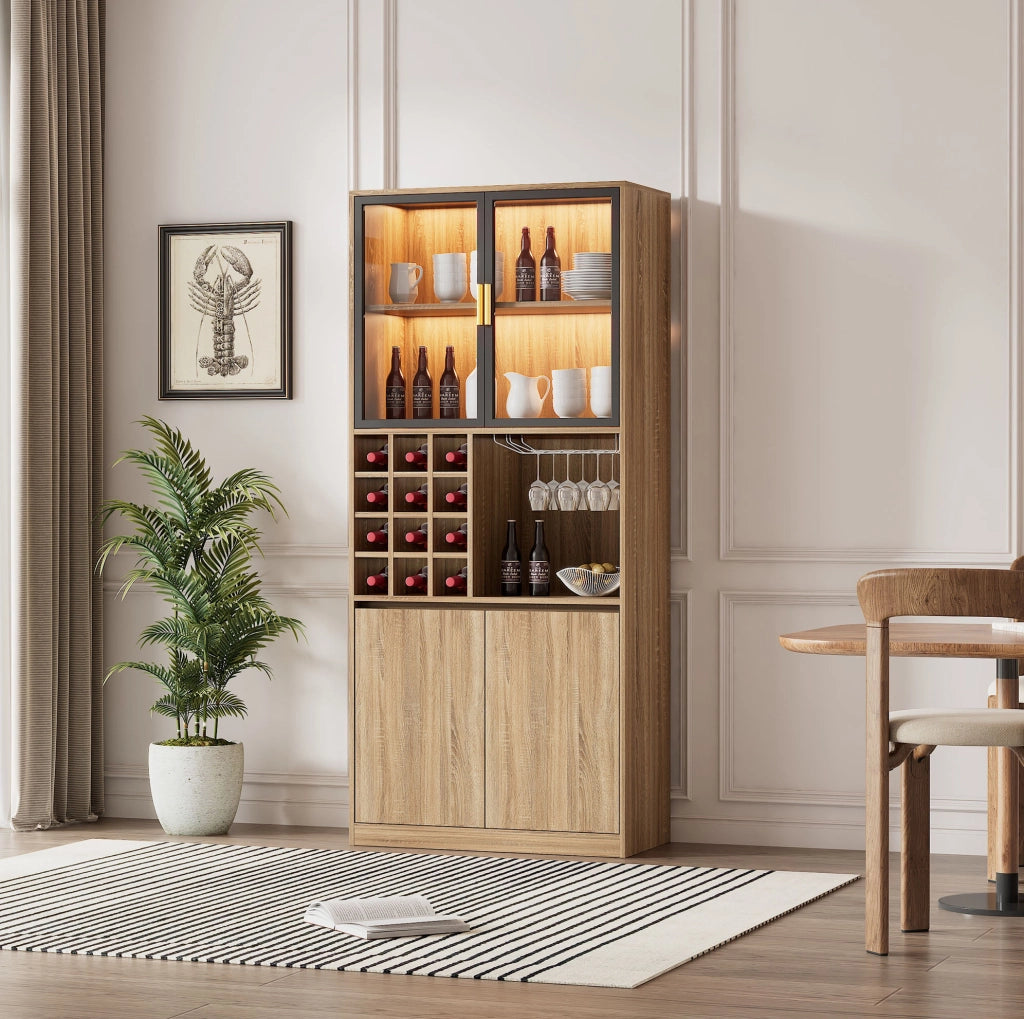 Mobile contenitore con ante in vetro e illuminazione LED 180 cm; in MDF naturale
