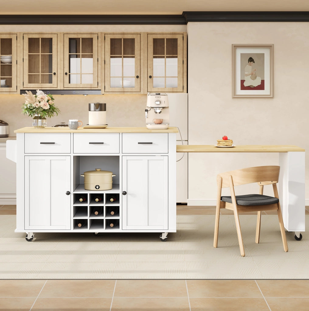 Isola cucina mobile con piano estensibile, prese USB e 7 ruote