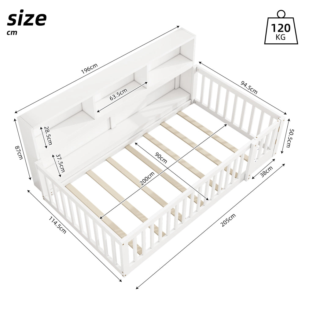 Daybed 90x200 cm con ripiani laterali e sponde di sicurezza; in pino e MDF bianco