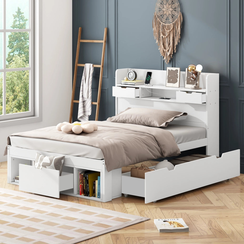 Letto singolo 90x190 cm per bambini e ragazzi con porta USB; cassetto e ampio vano portaoggetti; bianco