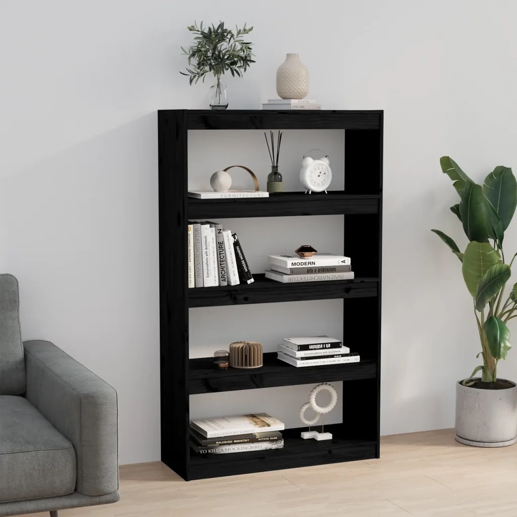 Libreria/Divisorio Nero 80x30x135,5cm in Legno Massello di Pino 808197