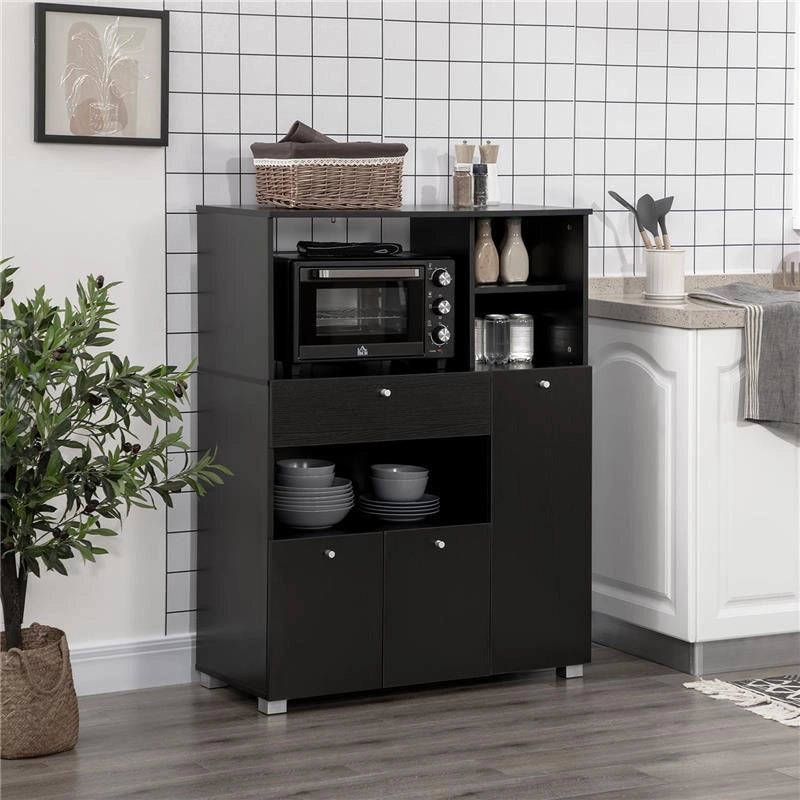 CREDENZA DA CUCINA IN LEGNO PER MICROONDE CON ARMADIETTI MENSOLE E CASSETTO 90X40X120 CM NERO