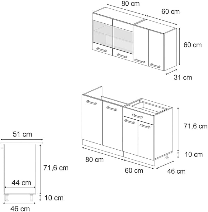 Cucina monoblocco R-Line, Quercia dorata, 140 cm PL Rovere, adatto a spazi piccoli, espandibile in modo modulare