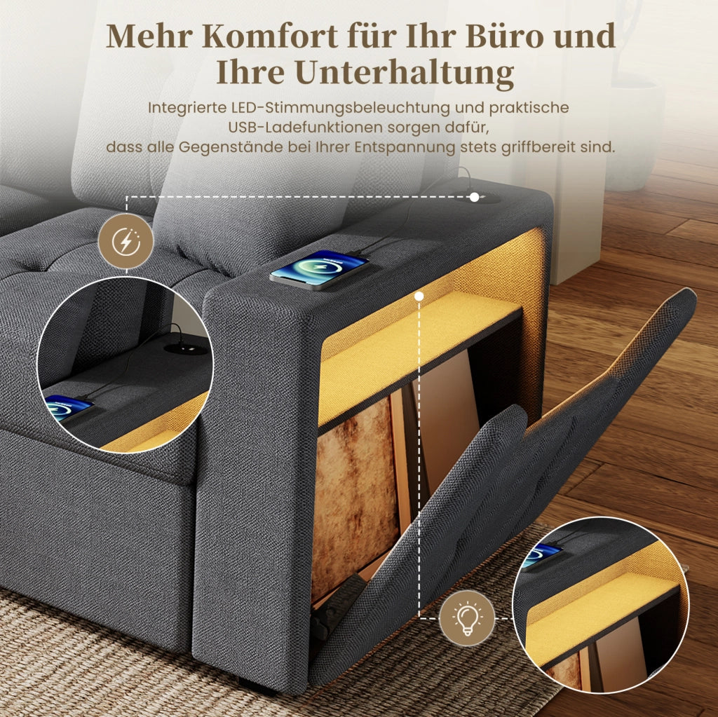 Divano 4 posti con pouf contenitore, LED e porte USB/Type-C