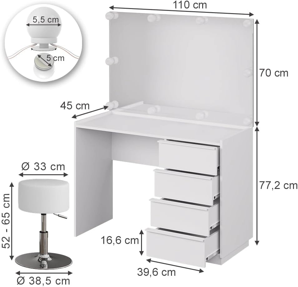 Tavolo da toeletta Viktoria, Bianco, 110 cm con specchio, sgabello e illuminazione a LED, porta un tocco moderno all’ambiente