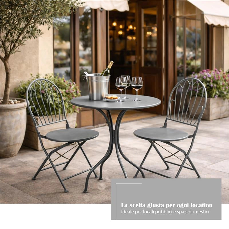 SET DA GIARDINO CON 2 SEDIE E 1 TAVOLO IN METALLO COLORE GRIGIO