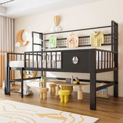 Letto a soppalco basso per bambini 90 × 200 cm con sbarre di sicurezza, ripiano e asta appendiabiti, senza materasso, nero