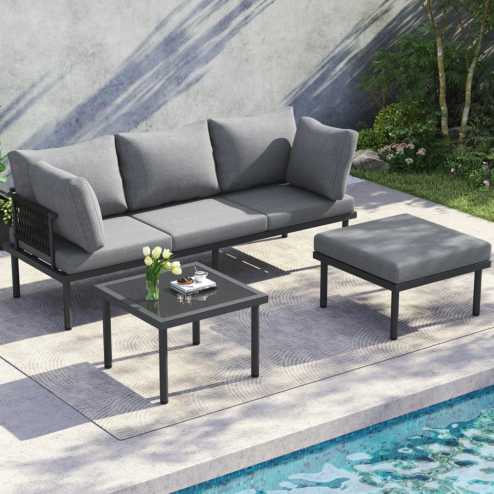 Set Divano da Giardino con Tavolino e Poggiapiedi ¨C Xylo ¨C Polyrattan, Grigio/Nero