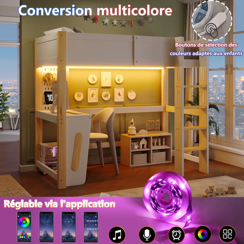 Letto a soppalco per bambini 90x200 cm, letto rialzato con scrivania integrata, pannello forato, illuminazione LED, pino, naturale e bianco