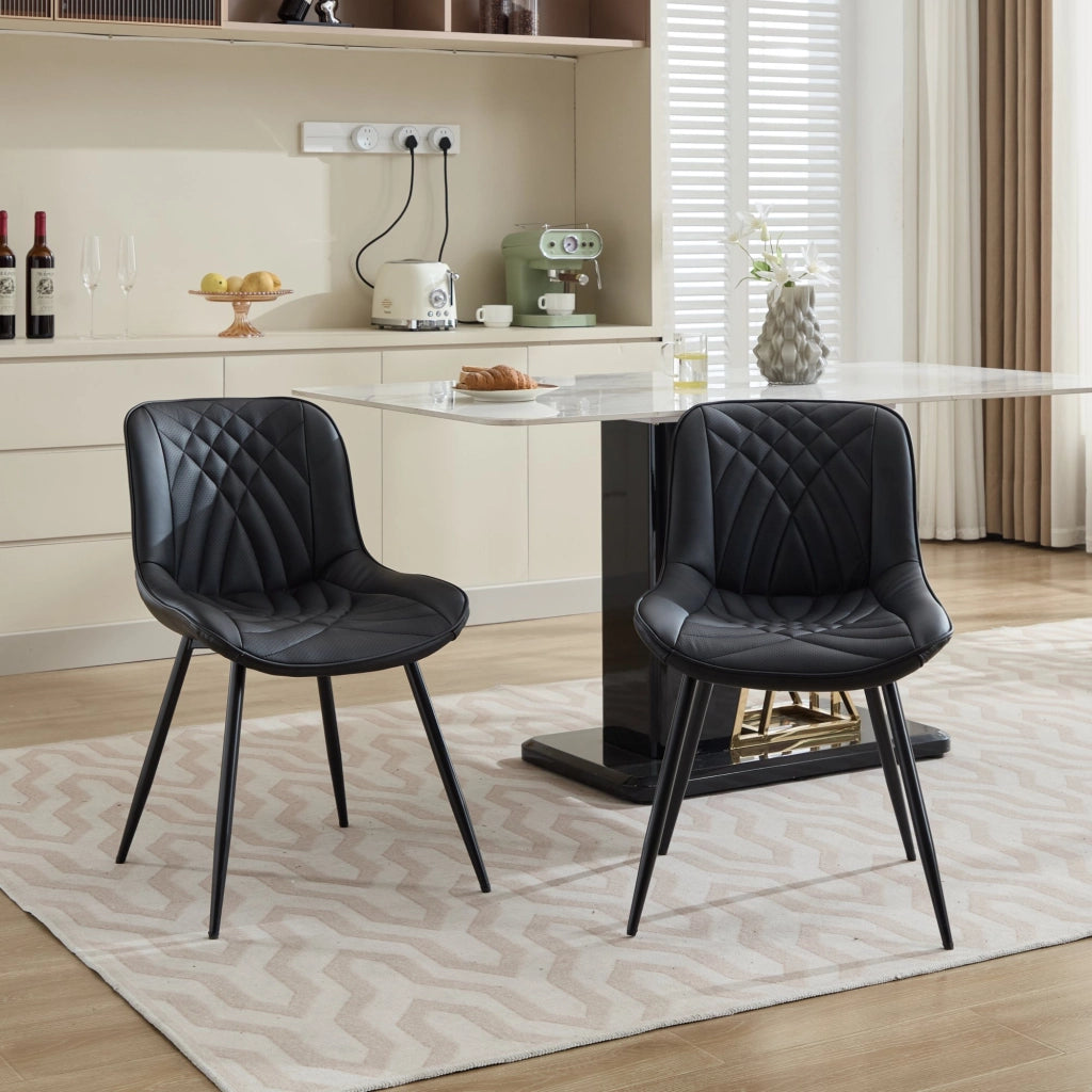 Sedia da pranzo, set da 2, ecopelle, motivo trapuntato 3D, gambe in metallo, nero
