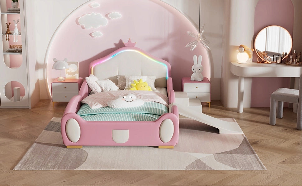 Letto 90x200cm - Xylo - LED, scivolo, PU, rosa+beige