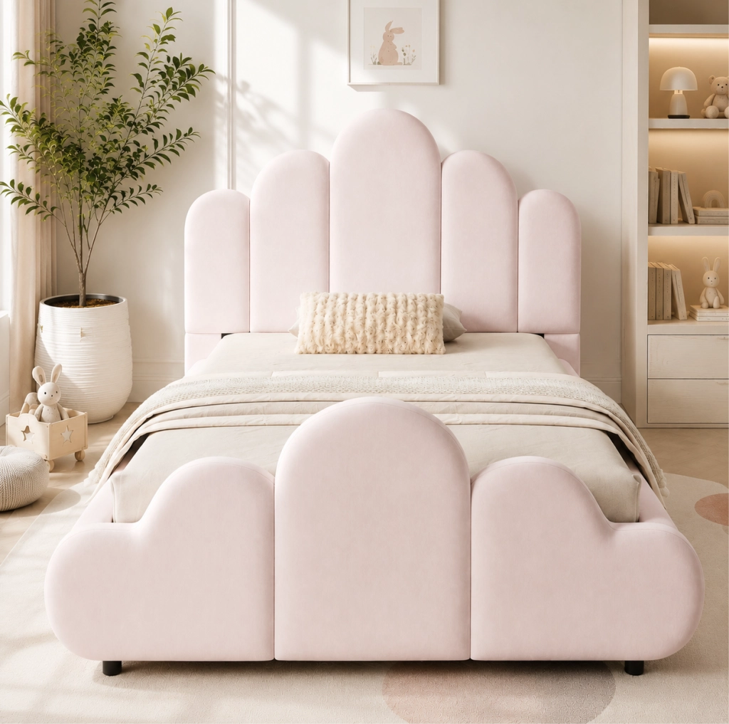 Letto imbottito per bambini 90 x 200 cm in velluto rosa con angoli arrotondati