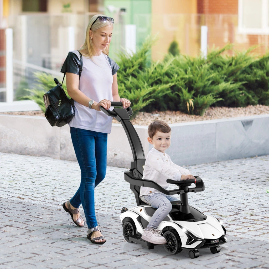 Auto da spinta 3-in-1 con paracolpi e manubrio rimovibili musica e spazio di stoccaggio nascosto, Auto scorrevole Bianco-Biciclette e tricicli