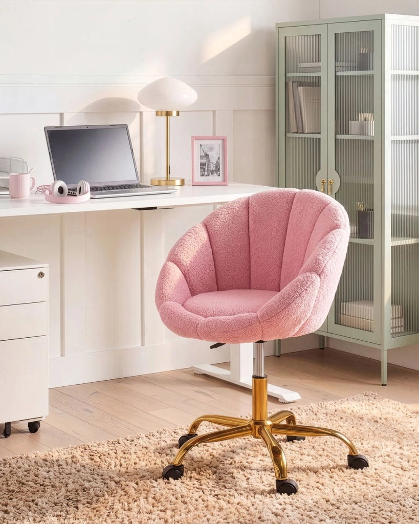 Elegante sedia da ufficio girevole in tessuto bouclè rosa con base regolabile in altezza Design moderno Home Office
