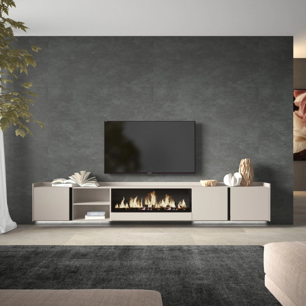 Mobile TV Soggiorno, 315x50x35 cm, Per TV fino a 80", Camino elettrico XXL, Sospeso, da appendere, LED, Beige