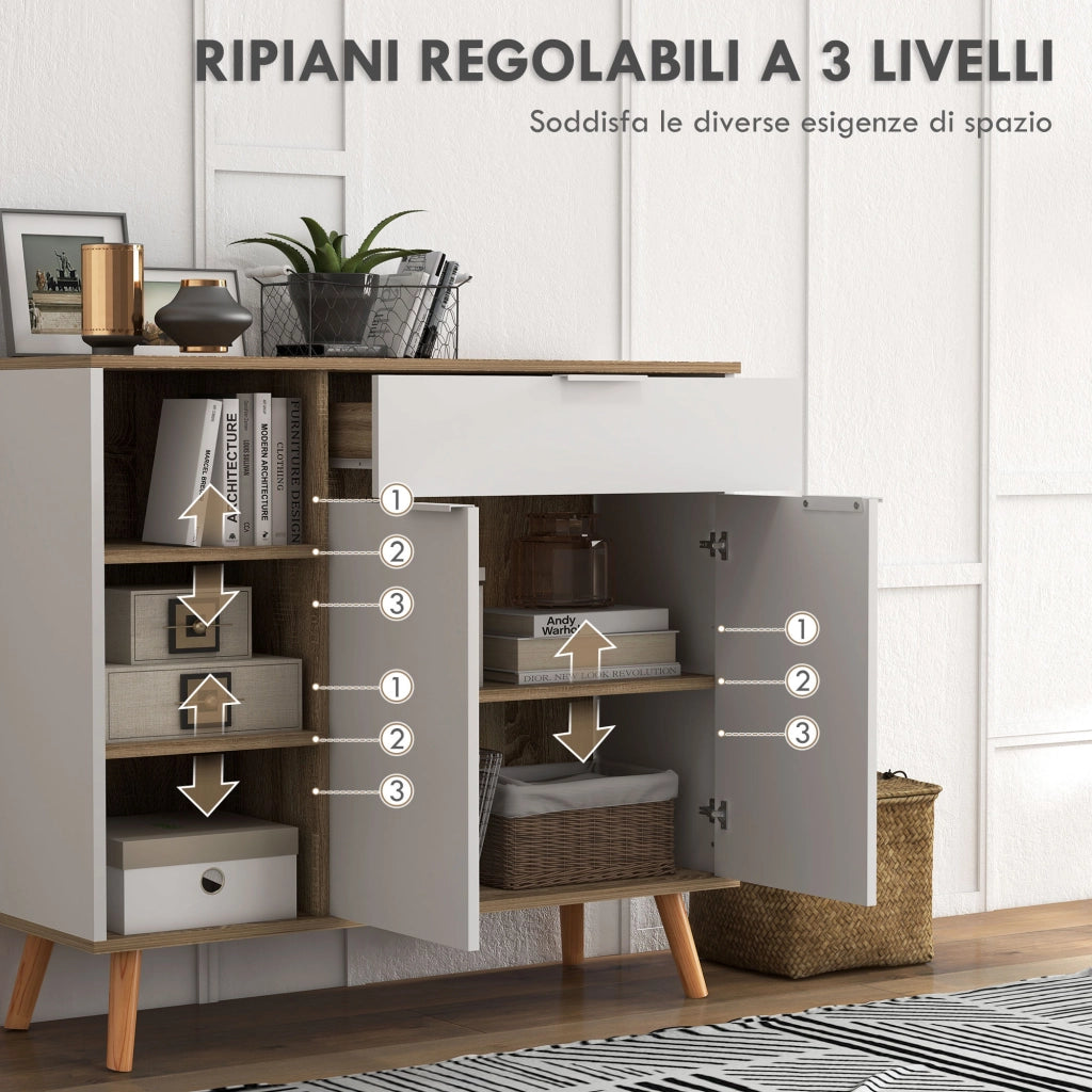 Mobile Multiuso Salvaspazio con 3 Ripiani Aperti, Armadietto e Cassetto, in Truciolato, 95x35x85 cm