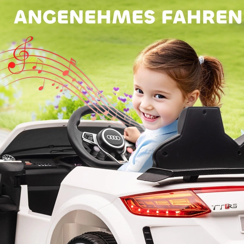 Auto elettrica per bambini, Audi TT RS Roadster, 3 km/h, telecomando, LED, USB, bianca