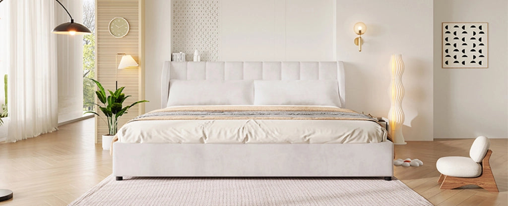 Letto piattaforma imbottito 180x200 cm in velluto francese beige con testiera e rete a doghe