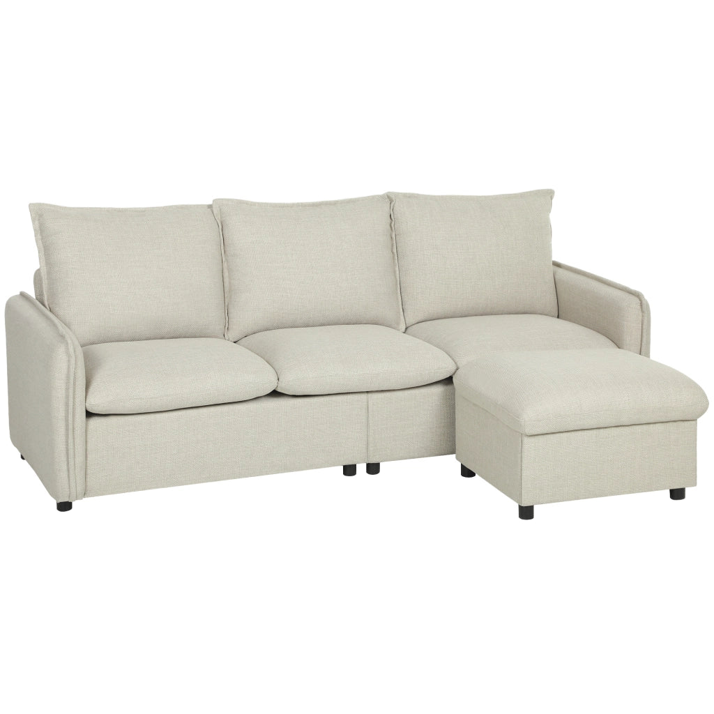 Divano Angolare 3 Posti con Pouf Contenitore ¨C Zephmum ¨C Tessuto Lino, Cr¨¨ma, 212 cm