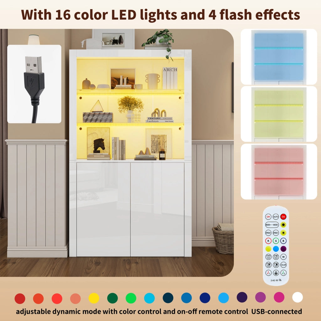 Vetrina con LED e ripiano in vetro temperato, 2 ante e vano contenitore, per soggiorno, bianco, 100 × 35 × 170 cm