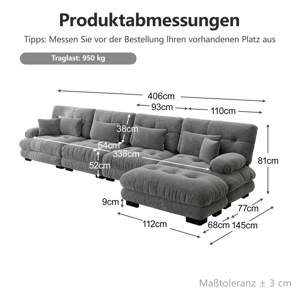 Divano modulare 4 posti con ottomane mobili 406x145x81 cm in ciniglia grigia