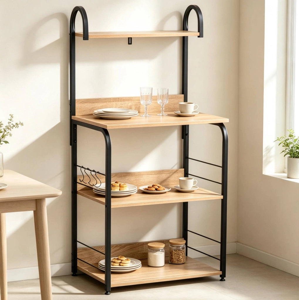 Scaffale da cucina a 4 livelli con ganci, ripiani e vassoio, nero effetto legno