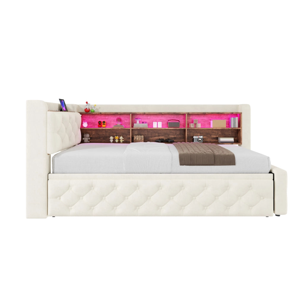 Divano letto estraibile 90x190 cm in velluto beige con LED; USB e Type-C