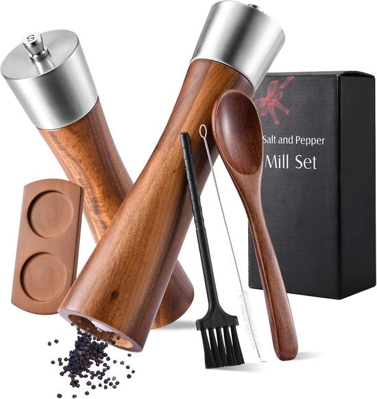 Stazione per Pepe e Sale - Molitore Manuale di Sale e Pepe in Legno - Molitore di Pepe Regolabile - Lavorazione a Mola Ceramica - Base in Legno Massello - Adatto per Zucchero di Mare, Peperoncino e Sesamo