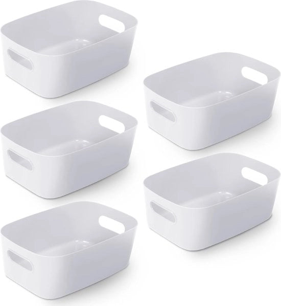 Scatole di stoccaggio in plastica - 5 scatole di stoccaggio per cucina, casa o ufficio, contenitori per ripiani, cassetti, lavanderia, armadi, scatole in plastica, contenitori e cassette (25,5 x 17 x 11 cm)