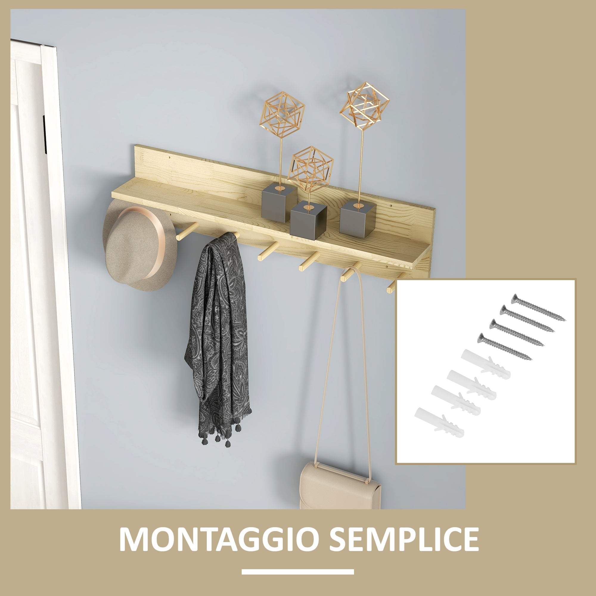 Mensola da Parete con 7 Ganci per Ingresso e Soggiorno 80x12x20 cm in Legno di Abete