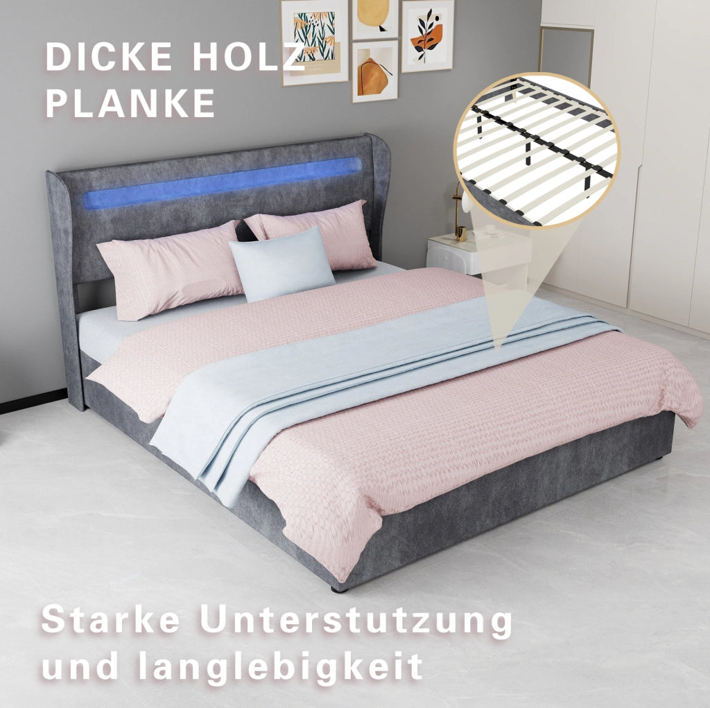 Letto matrimoniale 160x200 cm con testiera regolabile e LED; tessuto e metallo; grigio