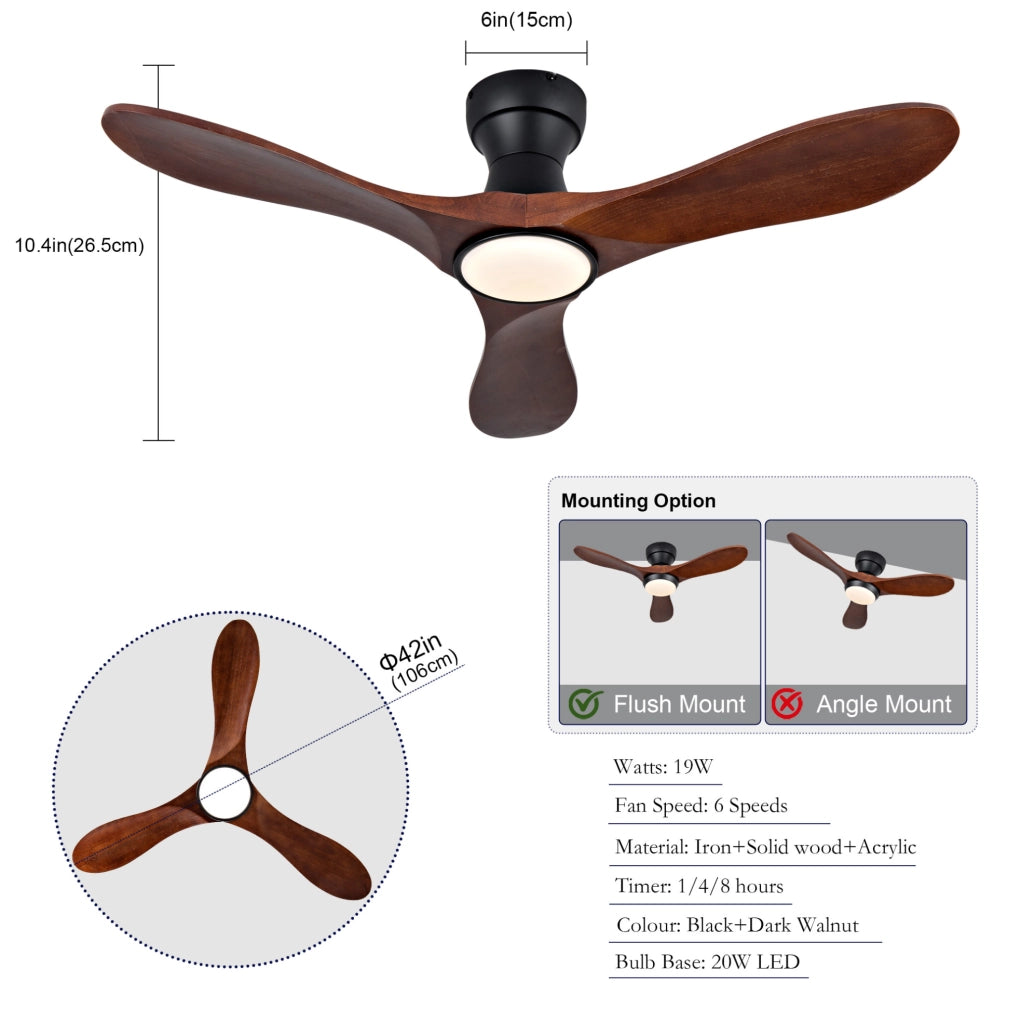 Ventilatore da soffitto 42 pollici con luce LED e telecomando; 3 pale in legno; nero e noce scuro