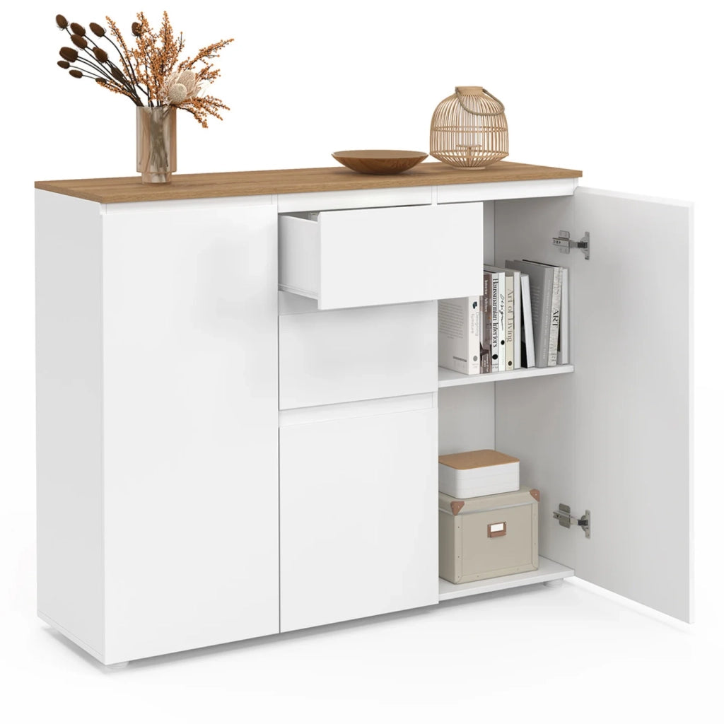 IDMarket - Credenza TOBY 100 cm con 3 ante, 2 cassetti bianchi e piano in legno