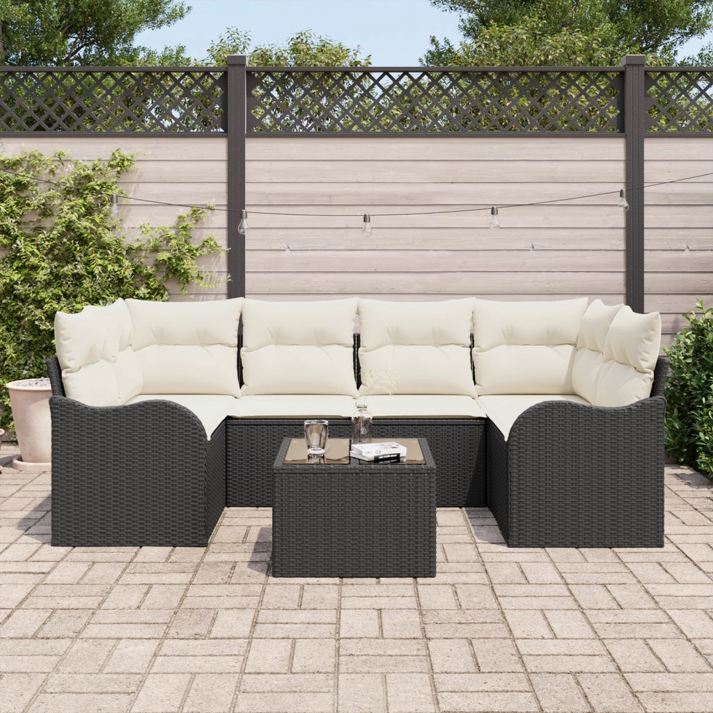 Set da Giardino  7 Pezzi con Cuscini Polyrattan Nero