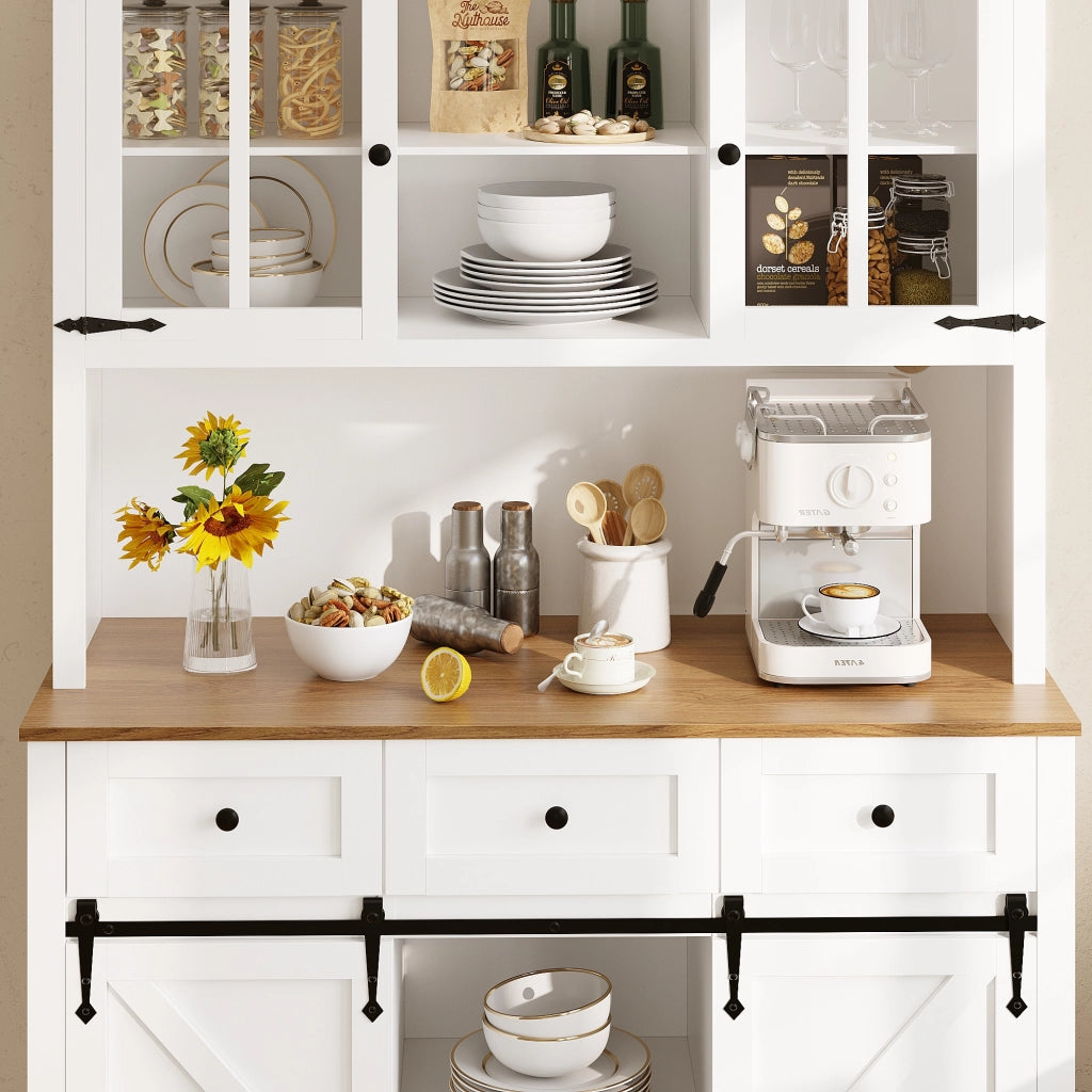 Credenza Alta da Cucina con Ante in Vetro; Ripiani Regolabili e LED; per Cucina; Bianca; 105x38;4x180 cm