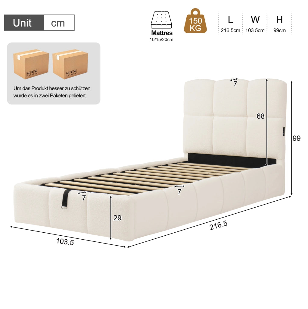 Letto imbottito singolo 90x200 cm con contenitore idraulico; rete a doghe e USB Type-C bouclé beige