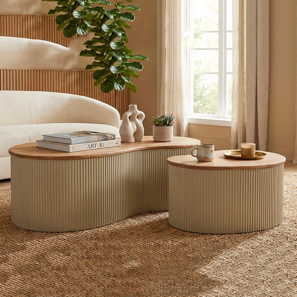 Kashan, Tavolino da Salotto set da 2, 37x58x92h cm Marrone Rovere